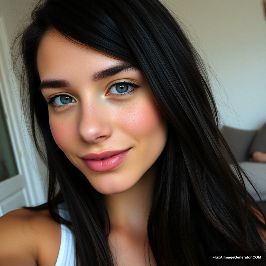 photoreal instagram selfie, a 23 year old gorgeous woman, slight smile, detailed skin face and eyes, natural lighting, at home, long hair, film grain, low contrast, natural face, freckles, black hair, blue eyes, dark circles under eyes - Image