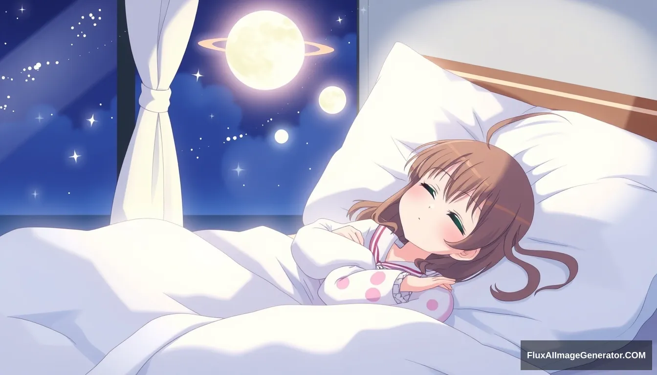 One girl in bed, sleeping in pajamas, dreaming in Japanese animation style.