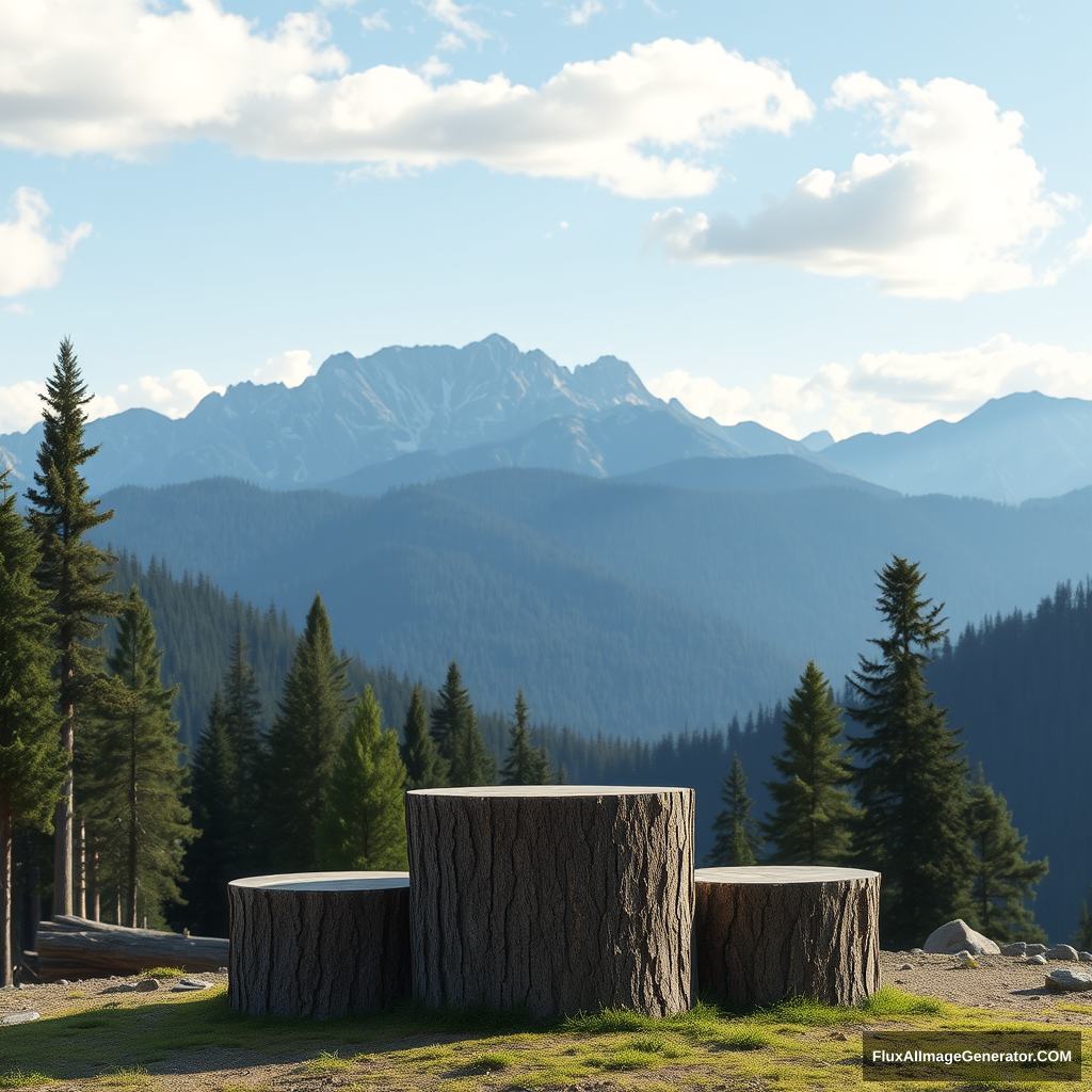 podium log, forest and mountains in the background