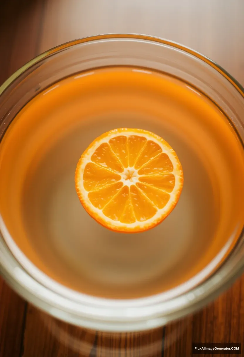 An orange in a glass bowl of water