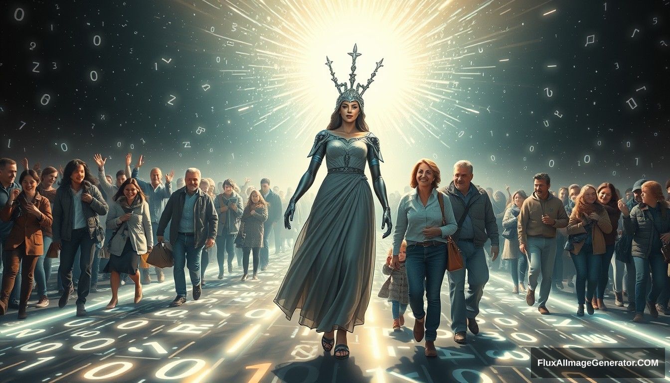 Hyper-realistic style featuring a powerful and inspiring image depicting the concept of blockchain and decentralization. In the foreground, a futuristic and sci-fi styled goddess symbolizing blockchain and decentralization leads the people towards a bright future. The goddess appears mostly human, with only about 10% of her body showing high-tech elements, such as a mechanical arm or eye. She stands on a digital road made of glowing lines and various random characters, including 0s and 1s, symbolizing the path of digitalization. She is surrounded by families and individuals of predominantly European descent who are joyous and supportive, embracing and helping each other. The scene is grand and panoramic, with light shining from the front, illuminating the entire scene.