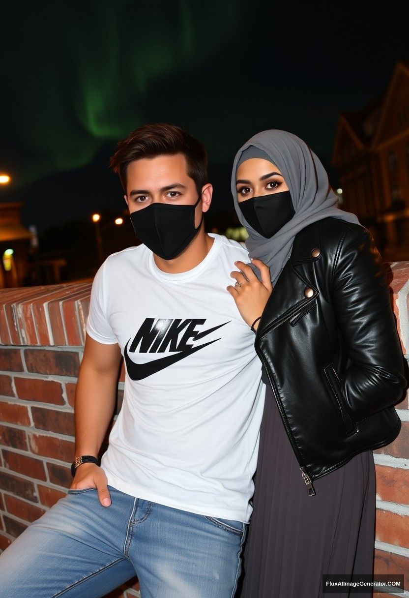 Jamie Dornan, tall and handsome, wearing a black face mask, a white Nike t-shirt, and jeans, is on a romantic date with a beautiful Muslim girl in a grey hijab, characterized by her stunning eyes, also wearing a black face mask, and a leather jacket, along with the longest and largest skirt, though she is not tall. They are lying against a brick wall in town, captured in a photorealistic style, appearing in street photography and selfie photos, set against a nighttime scenery with the aurora borealis.