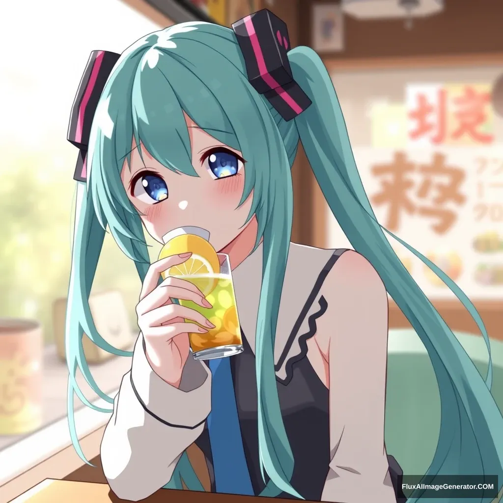 "Hatsune Miku drinks lemon tea again."