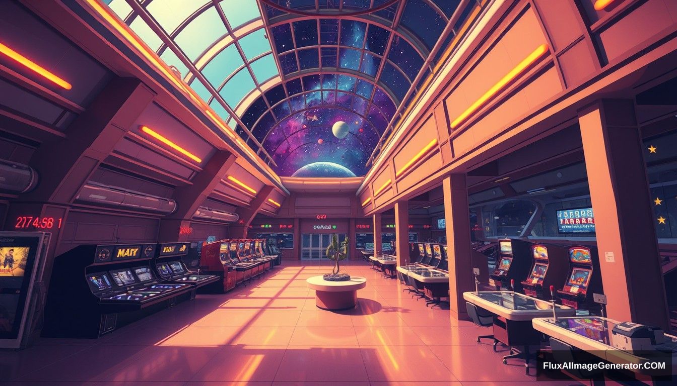 Cel shaded art, wide shot, from above, Dutch angle, from side, perspective, intense angle, depth of field, space, universe, space station, lobby, sunlight, retro, 70s, indoor, night, star, neon, warm light, game room, entertainment, glass ceiling.