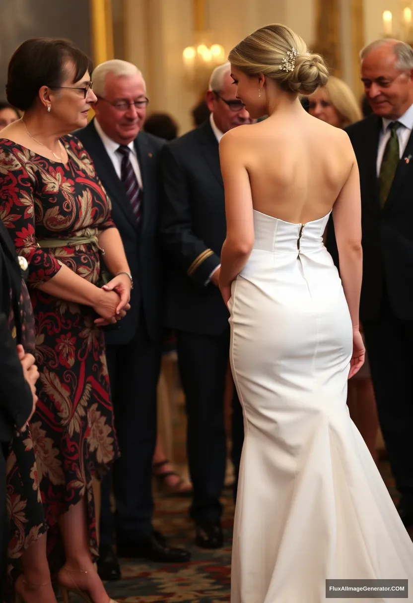 A short young woman, sensitive, delicate, girly, wearing a backless, strapless, side-less, low-waisted contouring wedding dress with a loose front. Fawning obediently while mingling with fathers. Expectations. Perfect posture. Pale skin. - Image