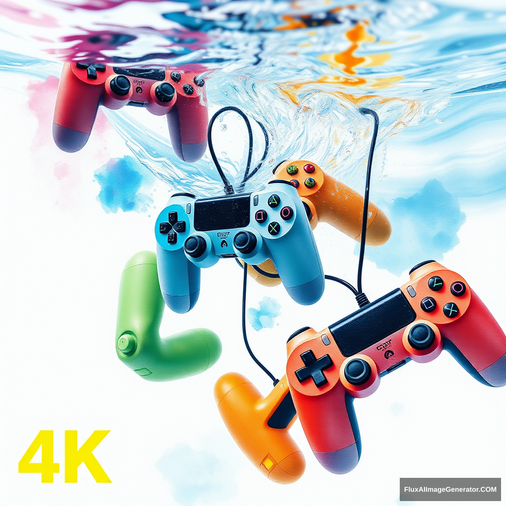 (watercolor) art piece, multiple (colorful game controllers) cascading into (crystal-clear water), visually depicting the sensation of drowning, expressive ripples and splashes, (dynamic movement), subtle blending of hues, creating a hypnotic underwater scene, serene yet melancholic atmosphere, high-contrast details (4K), evoking a sense of loss and nostalgia amidst whimsical imagery. - Image