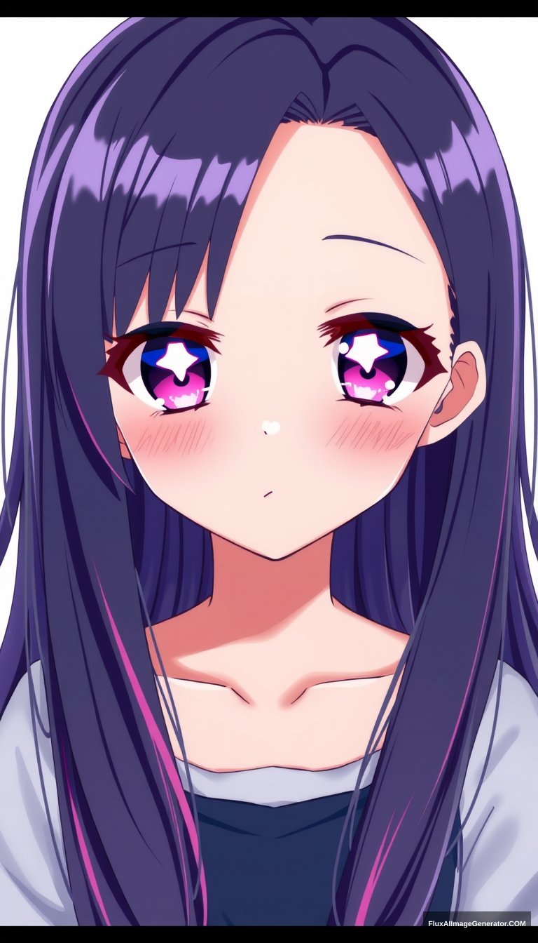 A beautiful young girl with dark-purple and pink-colored eyes with white shiny six-star pupils. She has indigo and purplish long hair reaching her waist and has bangs that have pink streaks in them. Anime art style.