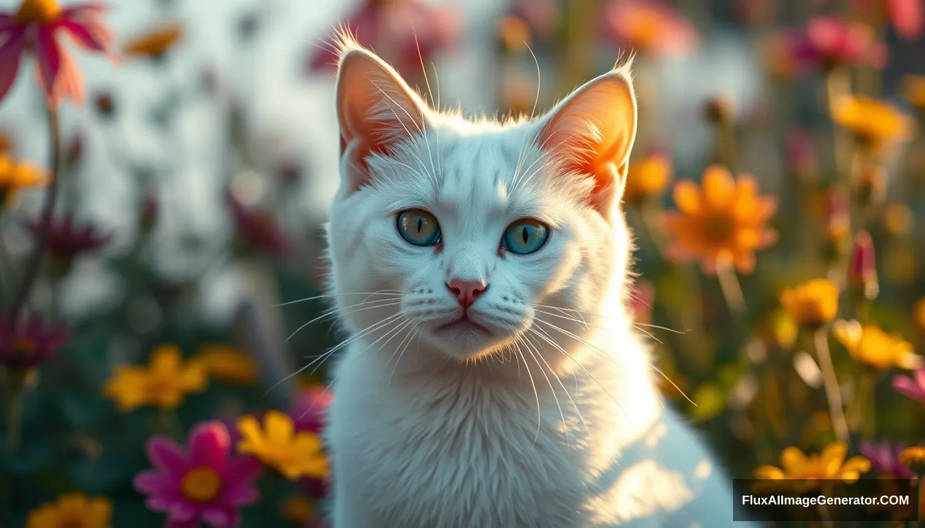 pam-swtvrld white cat, colorful flower background and warm light, full depth of field and realistic textures, highly detailed, masterpiece, high quality, 8K Ultra HD.