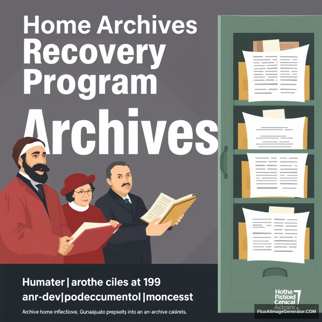 Make a promotional poster for a program called: Home Archives Recovery Program. The poster should display historical figures from Guanajuato and other citizens depositing documents into an archive cabinet.