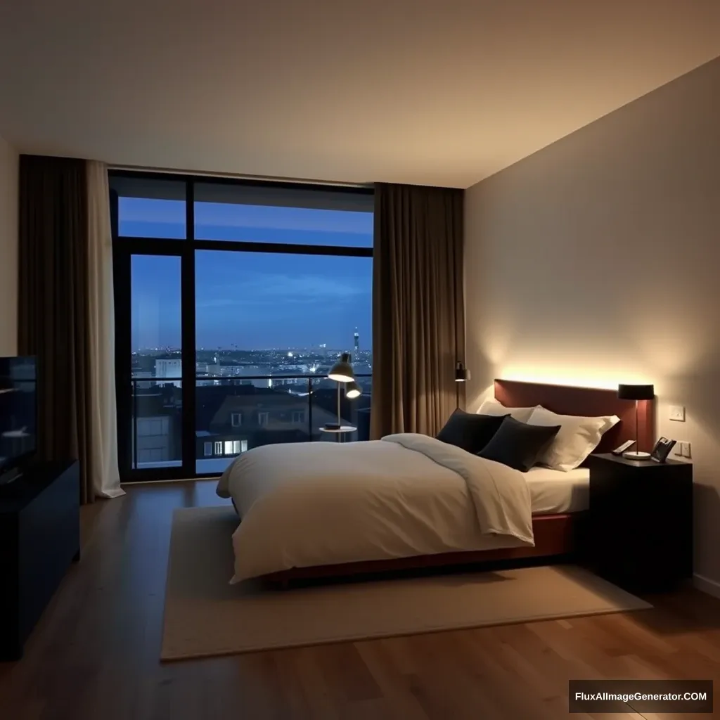 Modern Bedroom apartment, big glass window, midnight in France.