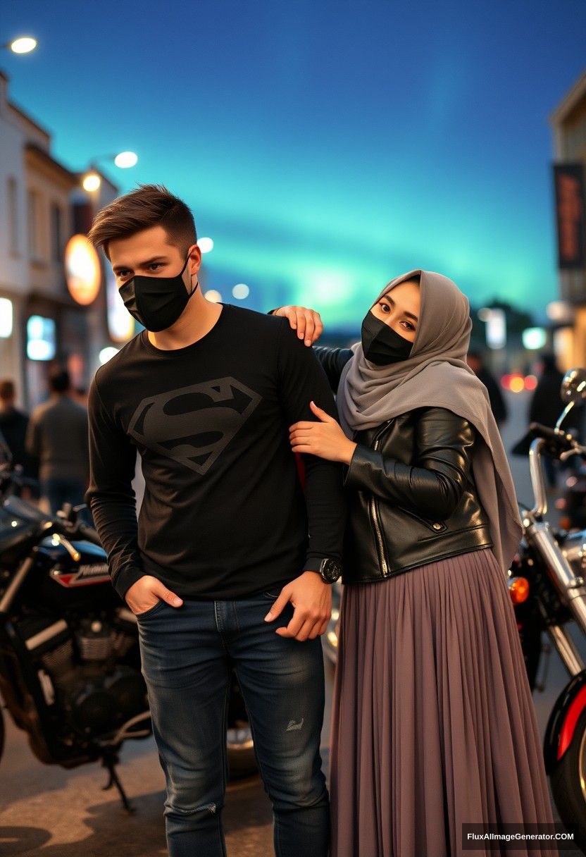 Jamie Dornan, tall, young, wearing a black face mask, superman black long sleeve T-shirt, jeans, 

dating a romantic Muslim girl in a grey hijab with beautiful eyes, wearing a black face mask, leather jacket, and the longest, biggest skirt, who is not tall, 

laying on his shoulder, standing near motorbikes for photography, Harley Davidson model, in town, photorealistic, street photography, night scenery, aurora borealis. - Image