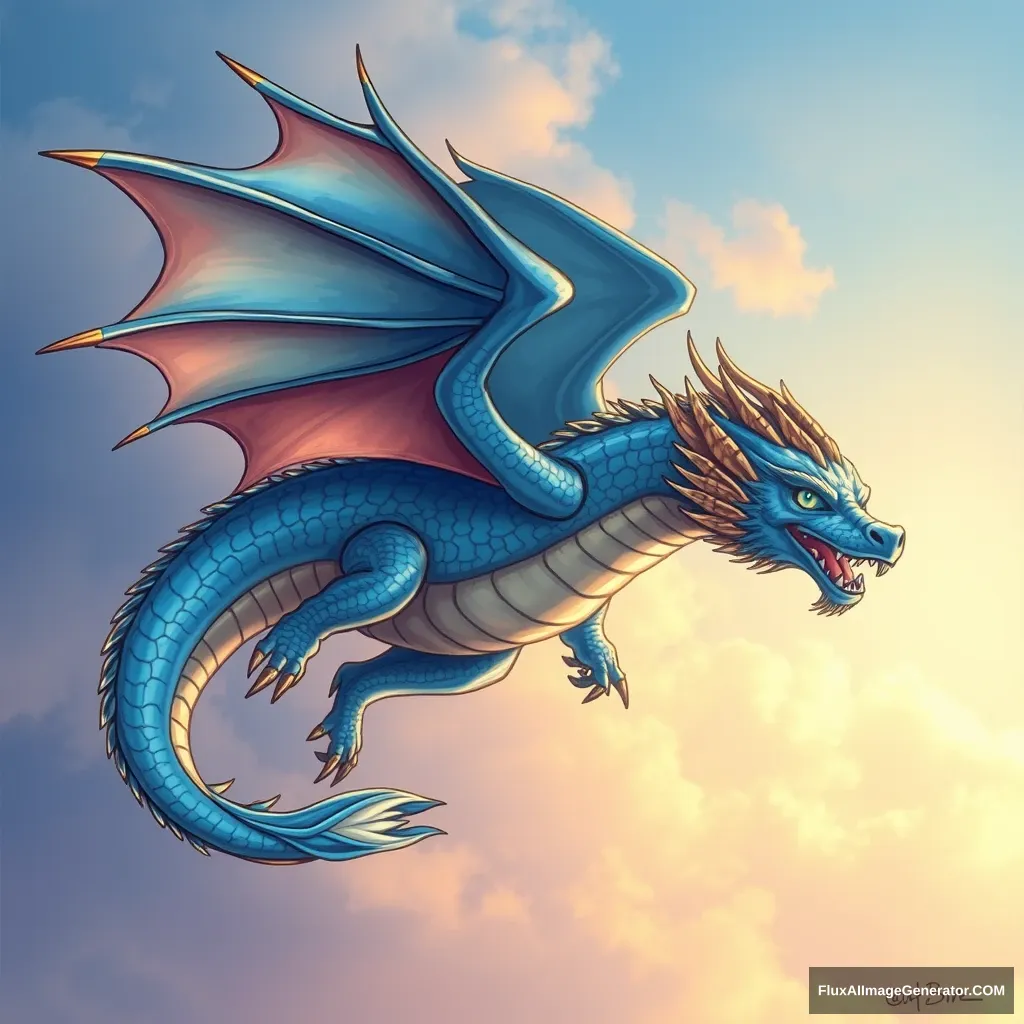 "Please draw an Eastern Blue Dragon flying in the sky with a metallic feel."