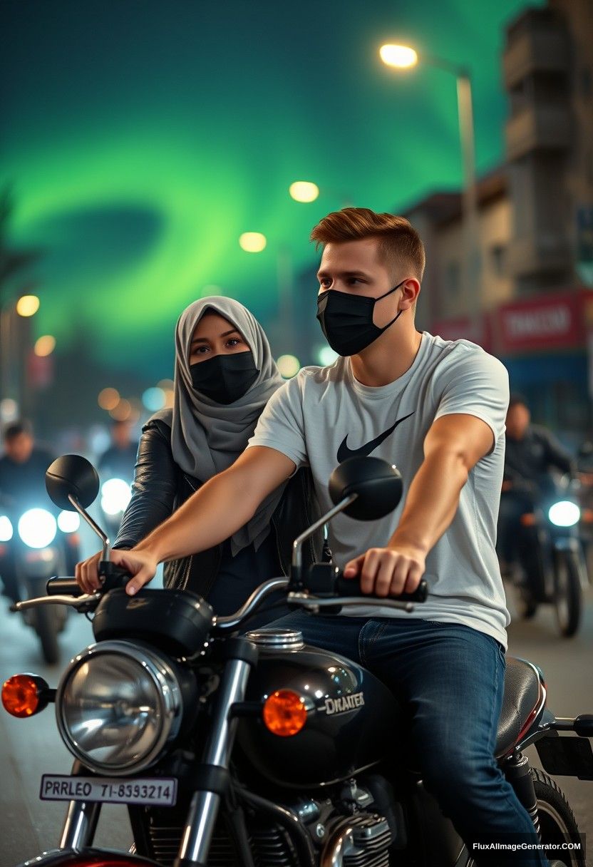 Jamie Dornan, tall, young, wearing a black face mask, a white Nike T-shirt, and jeans, riding a motorcycle.

Dating romantically with a grey hijab-wearing Muslim girl, who has beautiful eyes, a black face mask, a leather jacket, and the longest, biggest skirt, who is not tall.

Riding motorcycles in town, photorealistic street photography, night scenery, aurora borealis. - Image