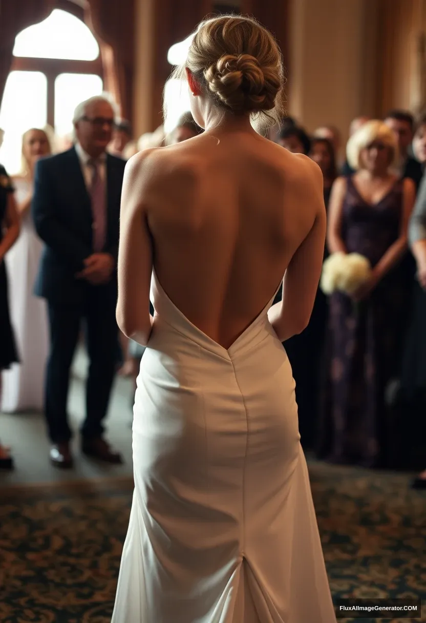 A short young woman, sensitive, delicate, ashamed, wearing a backless, strapless, side-less, low-waisted, open-back contouring wedding dress that's starting to come undone, in front of elder patriarchy, expectations, anticipation. - Image