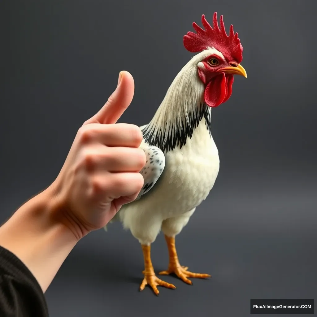 hand, thumb up, full body, chicken head with human body