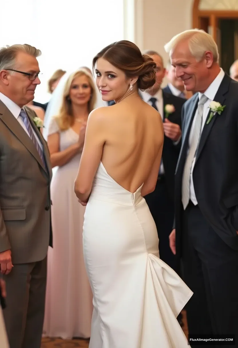 a petite young woman, sensitive, delicate, affectionate, compassionate, backless strapless side-less low-waisted thigh-cut contouring wedding dress. Fawning obediently mingling with fathers. Expectations. Perfect posture. Pale skin. Bright lighting.