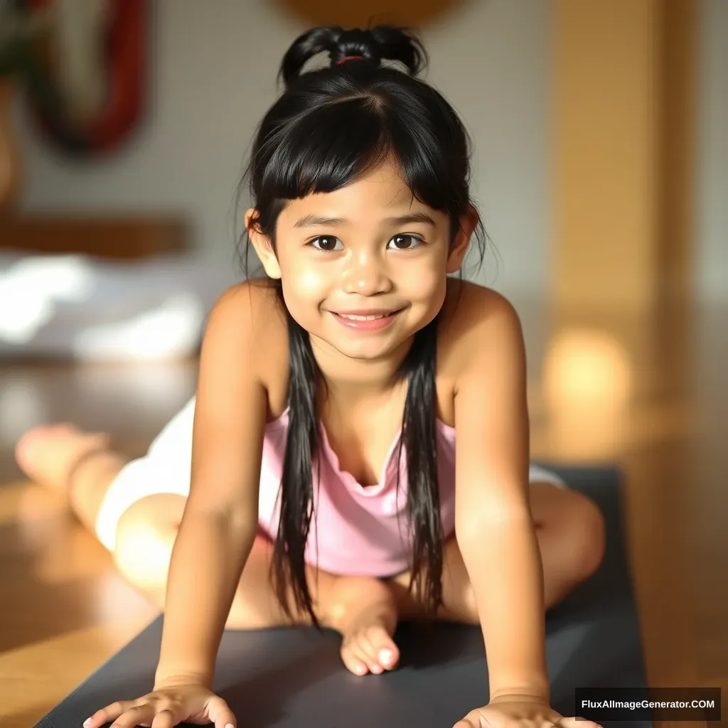 Girl on table, black hair, yoga mat. - Image