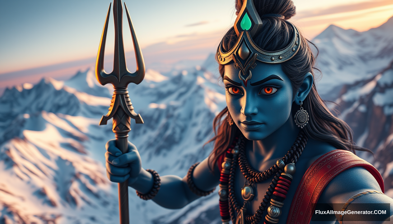 young Mahadev, trident, (3 eyes), evening, snow mountains, bird's eye view, (blue skin), 3D, cinematic lighting - Image