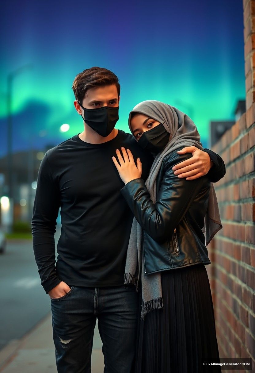 Jamie Dornan, tall, young, wearing a black face mask, in a black long sleeve playboy t-shirt and jeans, 

dating a romantic Muslim girl in a grey hijab, with beautiful eyes, also wearing a black face mask, a leather jacket, and the longest and biggest skirt, not a tall girl, 

laying on his shoulder, hugging him from behind, persuaded him, near a brick wall, in town, photorealistic, street photography, night scenery, aurora borealis. - Image