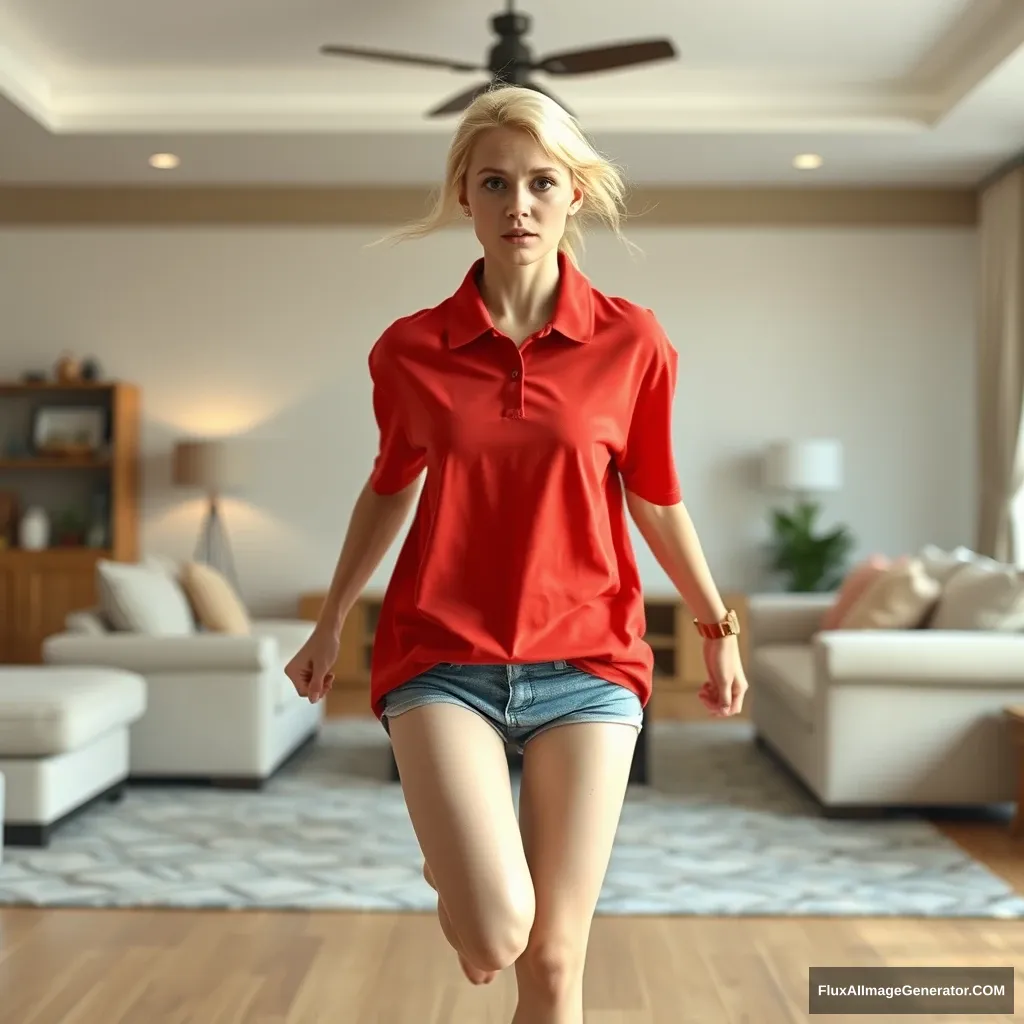 Front view of a blonde skinny woman in her early twenties in her massive living room, wearing a massively oversized red polo T-shirt that is quite unbalanced on one shoulder, with the bottom part untucked. She is also wearing light blue denim shorts and has no shoes or socks on. She is facing the camera, looking scared, and running towards it with both arms straight down.