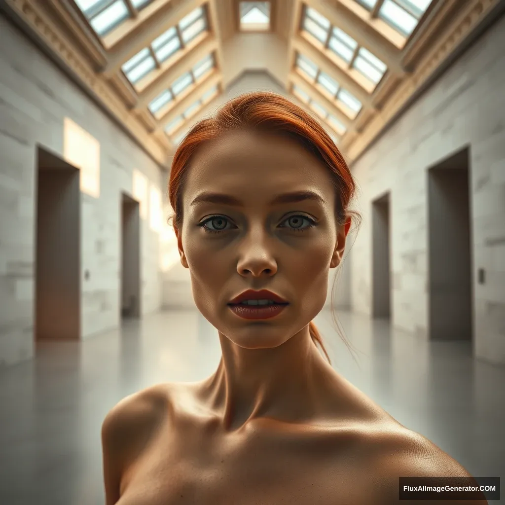 Style by Ren Hang, depth of fields, (sharp focus: 1.15), a huge space with falling light, a museum, Peter Zumthor style, real, huge empty space, white stone, strong light contrast, symmetric composition, most beautiful museum in the world, 4K stone texture, facial freckles, HD wallpaper, natural color skin, trending on ArtStation, highly detailed professional model pose, redhead, sunlight, mellow background, huge empty high space, the most beautifully proportioned European woman in the world, lobby, wide angle, roof window light. - Image