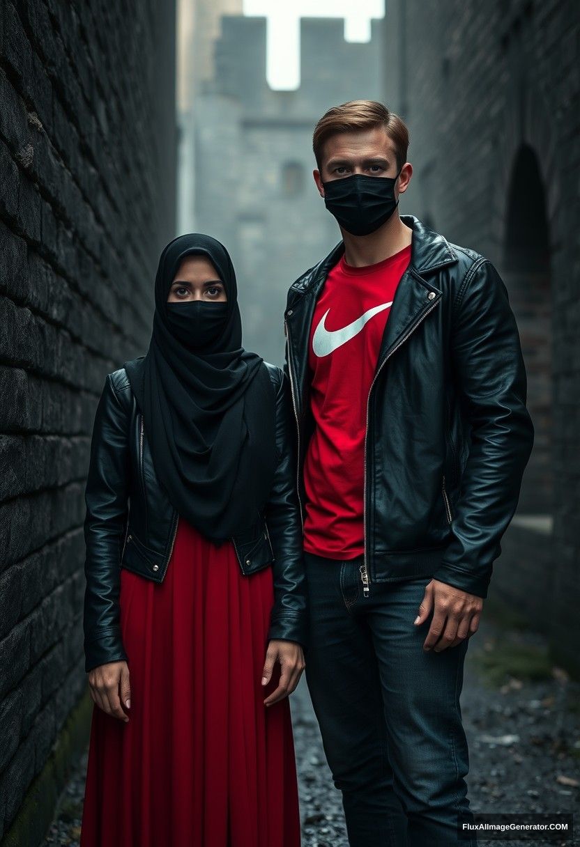 A biggest black hijab girl, beautiful eyes, black face mask, black leather jacket, biggest red longest dress, not tall,

Jamie Dornan, handsome, black face mask, fit and tough body, red Nike t-shirt, black leather jacket, jeans, tall man,

standing near wall together, 
Hyper realistic, photorealistic, street photography, Victoria's abandoned castle, gloomy, darkness. - Image