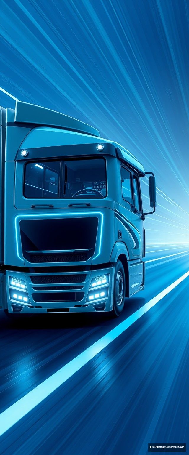 The truck has simple and dynamic lines, driving high-tech trucks, speed lines, glow; the overall picture is bright and clean, full of future, science and technology, blue atmosphere, showing the whole body, panoramic view.