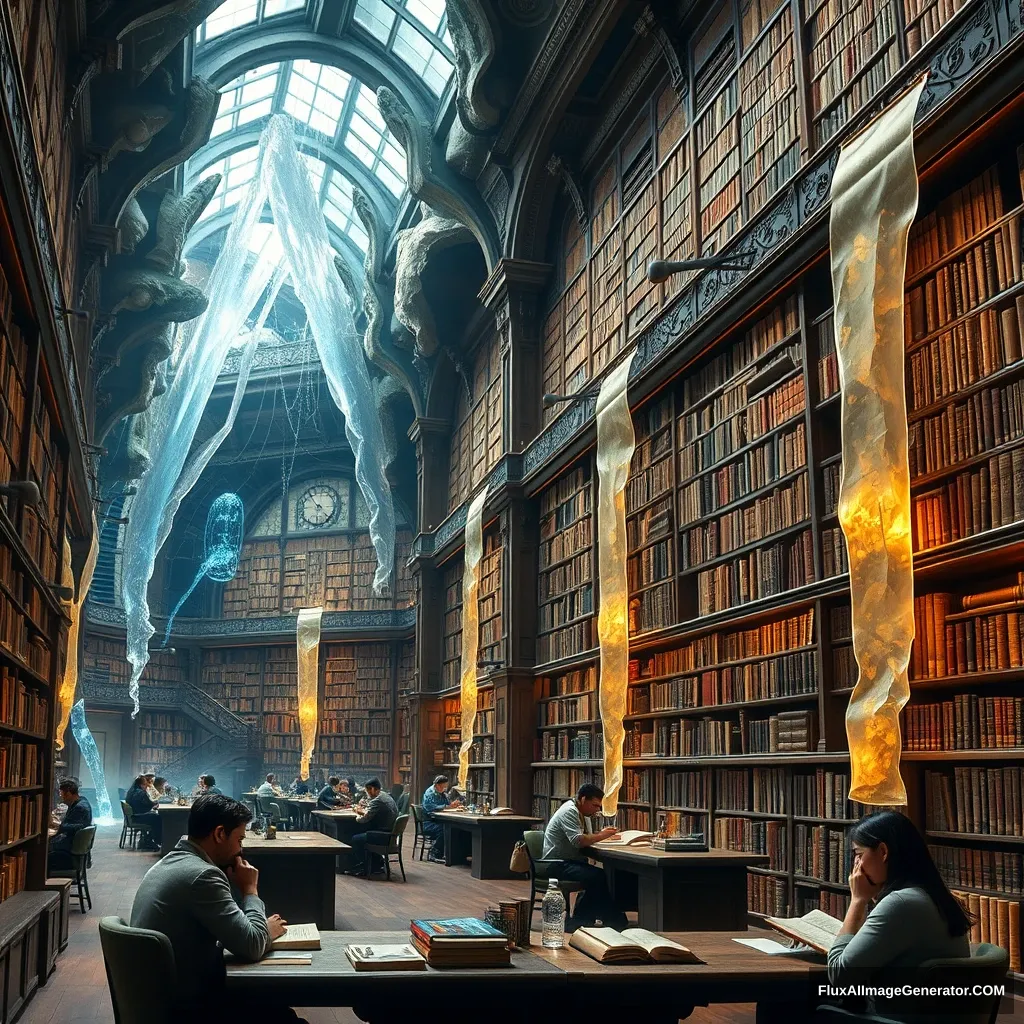 "A grand library interior where bookshelves morph from ancient scrolls to futuristic data crystals, with scholars from different eras studying side by side."