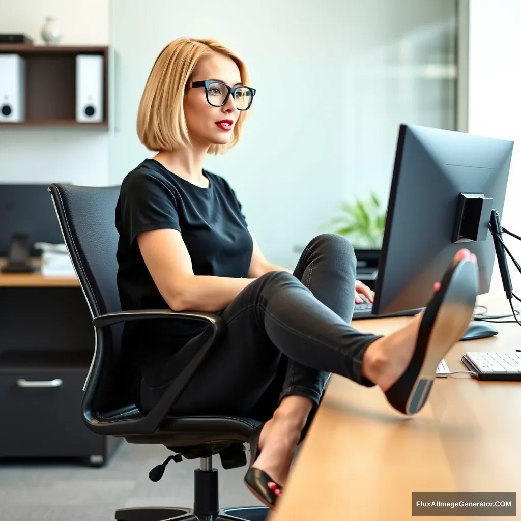 A blonde woman in her 30s with a bob hairstyle, wearing black-rimmed glasses and red lipstick, is sitting at her desk in an office, working on her computer. She is dressed in skinny dark grey jeans, a black t-shirt, and black leather flats. Her legs are crossed while sitting in her office chair, with the shoe on her crossed leg dropped on the floor, revealing her red toenails.