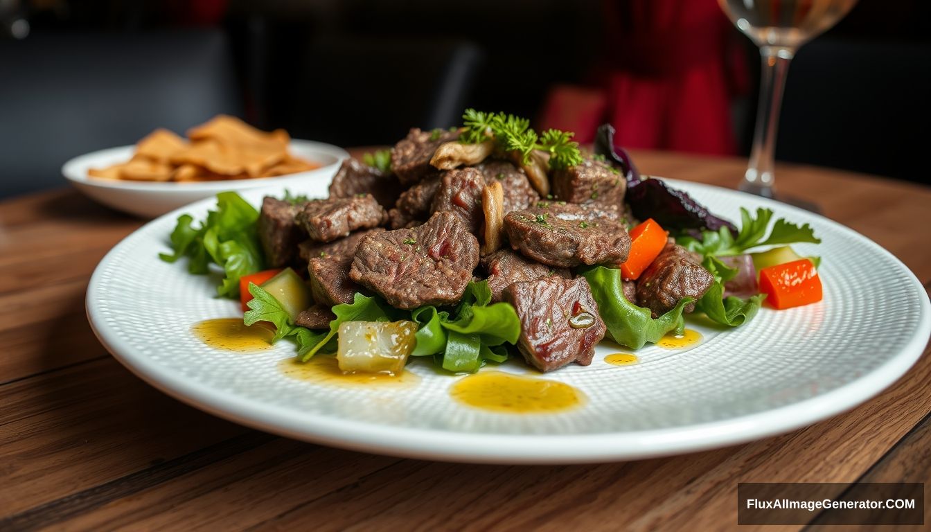 Highly detailed and sharp image of a beef salad with olive oil dressing, plated on a white textured plate. The plate is resting on a wooden table, with the scene zoomed out to reveal more of the surrounding space. The background includes dark areas with a hint of red drapes, providing a contrast that enhances the vibrant colors of the dish. The overall atmosphere is elegant and appetizing, capturing the intricate details of the salad and the dining setting.