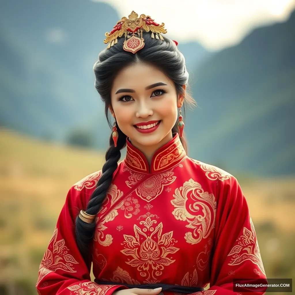 This is an image of a beautiful Asian woman in traditional Chinese clothing. She is wearing a red and gold colored outfit with intricate designs. The outfit is reminiscent of a warrior's attire. She has a confident smile on her face and is standing in a field with mountains in the background. - Image