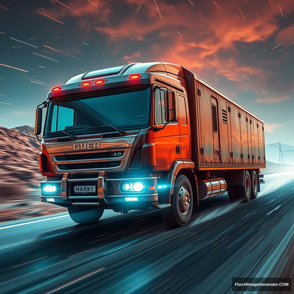 The truck is driving on a road filled with science fiction, a sense of speed, future technology, full composition, and the image is full of impact.