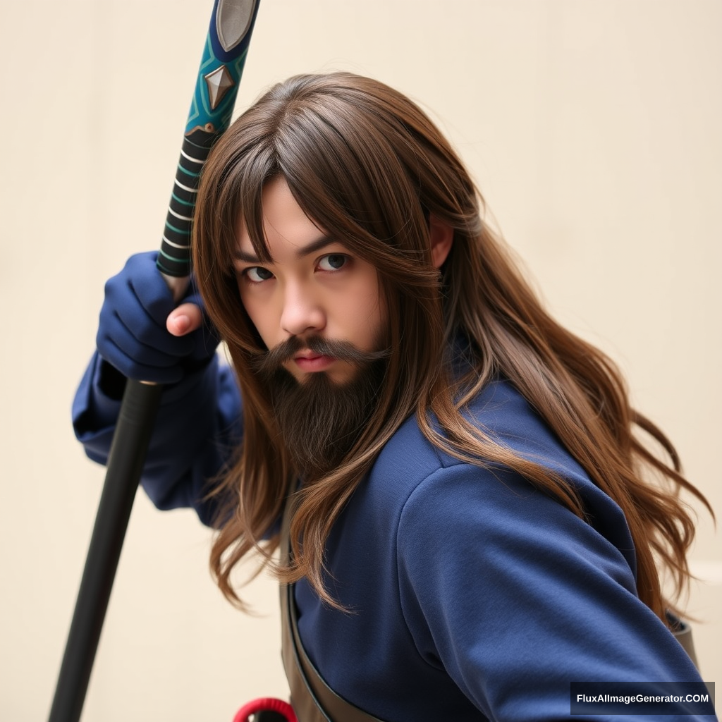 Full picture of a long brown-haired and short-bearded guy cosplaying as Rimuru, posing with his weapon.