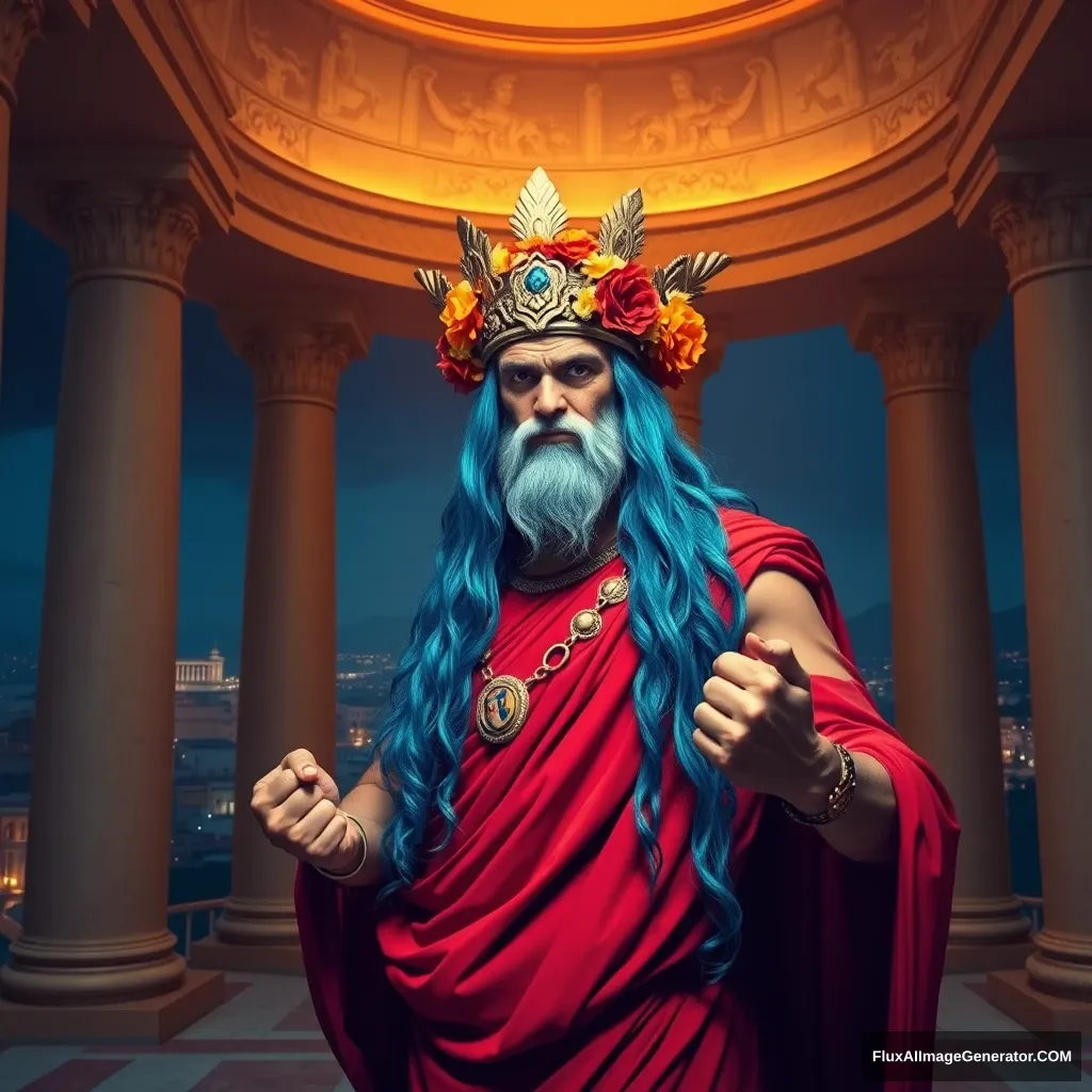 Evil Roman emperor, dressed in a red toga, with long blue hair and a golden floral crown. He is in a power-holding pose. The room he is in is in ancient Roman imperial style, with huge pillars and a vast view of the ancient city at night.