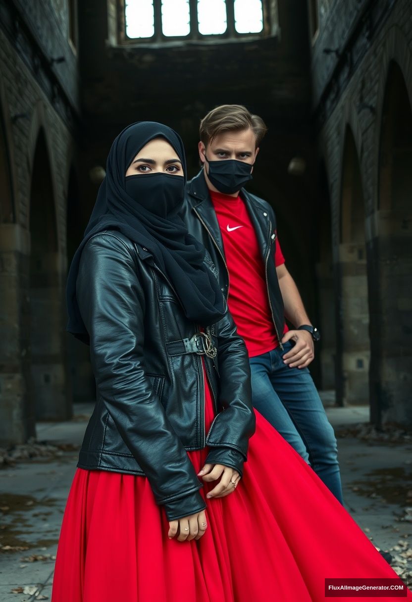 A biggest black hijab girl, beautiful eyes, face mask black, black leather jacket, biggest red longest dress, not tall, leans against him,

Jamie Dornan, handsome, face mask black, fit and tough body, Nike red t-shirt, black leather jacket, jeans, tall man, leans against the wall

Hyper realistic, photorealistic, studio photography, Victoria's abandoned castle, gloomy. - Image