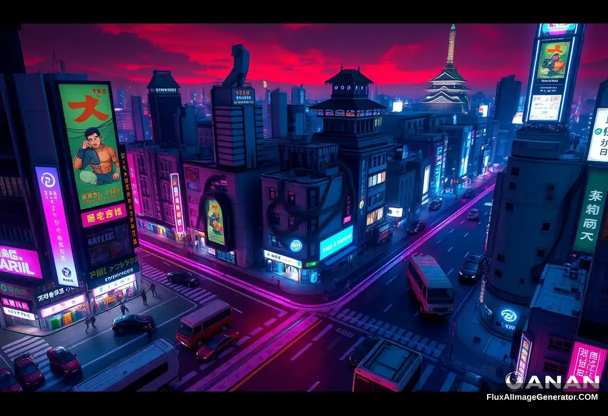 A Shibuya Scramble Crossing game concept design, nice and detailed, Cyberpunk style, Tokyo city night, Aerial view, buildings are corrupted by many giant vines, Abandoned cars and trucks, blue and purple neon lights, Japanese Edo Castle, sky is dyed red, unreal engine, PBR rendering, CG style.