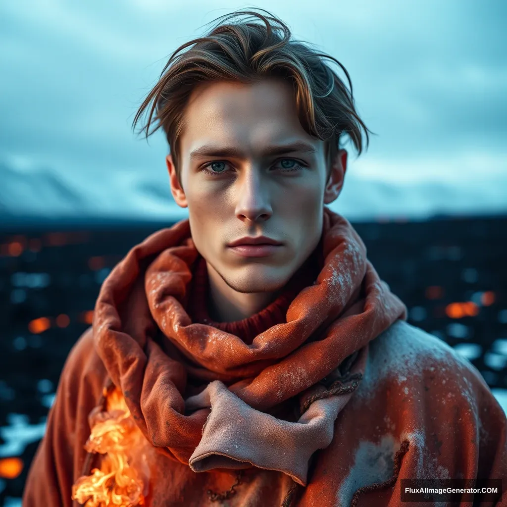 Huyag, handsome man, 20-year-old model, wearing clothes of ice and fire, Icelandic volcano, ground lava, burning clothes, long shots, exquisite facial details, Tim Walker's photography with sound, detailed facial features. Photography, main light, panorama, fashion photography, snowy scenery, philosophical feel, realistic photos. Very cool action. - Image