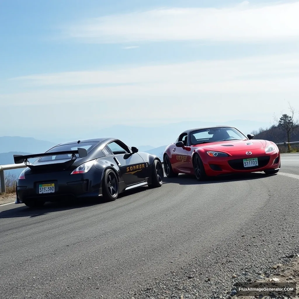 Create an image of a Nissan 350z and a Mazda Miata drifting on a Japanese mountain.