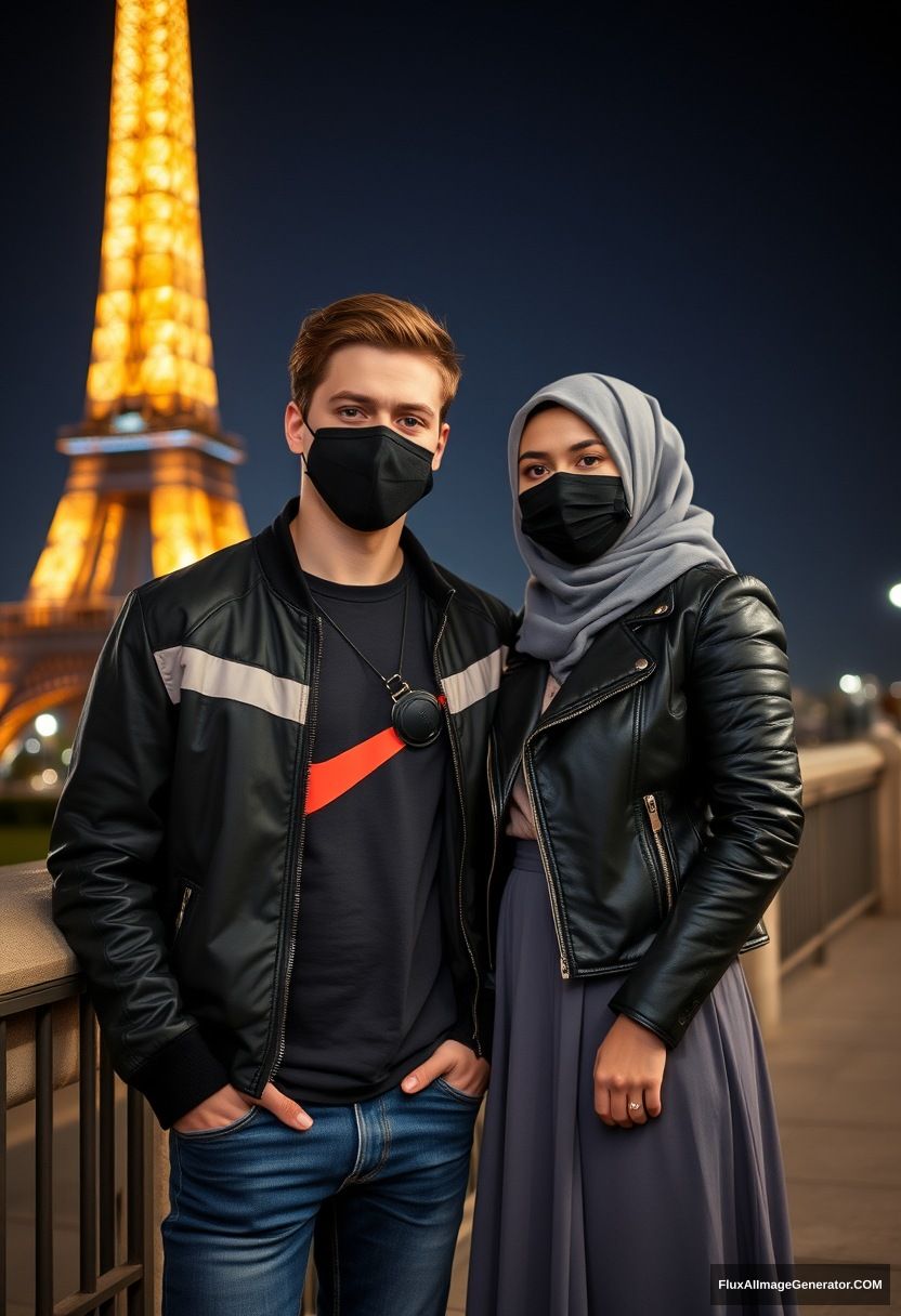 Jamie Dornan, young, black face mask, collage style jacket, Nike t-shirt, jeans, tall and fit, 

dating, love with the biggest grey hijab Muslim girl, beautiful eyes, black face mask, leather jacket, biggest longest skirt, cute, 

standing near the Eiffel Tower, night scenery, hyper realistic, photorealistic, street photography.