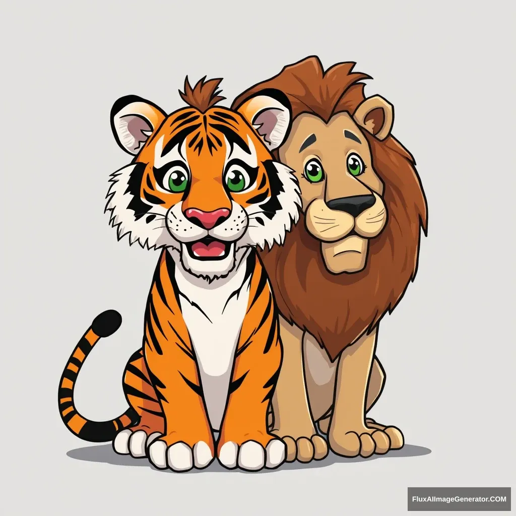 A tiger with a lion, cartoon but realistic.