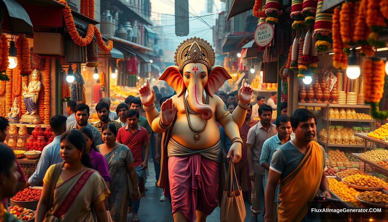 Visualize Lord Ganesha as a real human god, navigating a bustling, dense Indian market in preparation for his own festival. The market is lively and crowded, with vibrant stalls overflowing with marigold garlands, clay idols, sweets, and festival decorations. Surround him with real, everyday people who are unaware of his divine presence, going about their shopping, bartering with vendors, and carrying bags filled with festival essentials. Ganesha, dressed in a blend of traditional dhoti and modern attire, should be depicted with a serene yet amused expression as he picks out the best offerings, from the freshest flowers to the most ornate decorations. Capture the vivid colors, the cacophony of sounds, and the rich scents of an authentic Indian market, with Ganesha seamlessly blending into the crowd, embodying the divine in the midst of everyday life. It's evening time with lots of lights. Unreal Engine, 4K, change the camera angle. Ganesha should look like he is also walking with people, and he should have the four hands as per the Ganesha idol. - Image