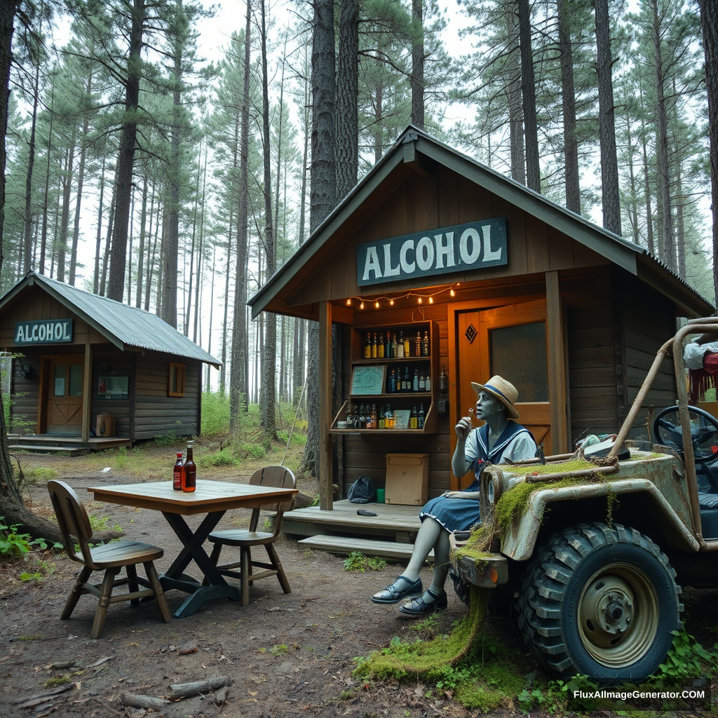 Real-life photography, wide shot: In the forest, there are two wooden cabins selling alcohol, and a dressed zombie comes to buy some. Next to the cabin, there are one table and two chairs, with a zombie wearing a hat sitting and drinking. A Japanese female student wearing a school uniform skirt is selling the alcohol. There is also an abandoned off-road vehicle nearby, covered in moss and weeds.