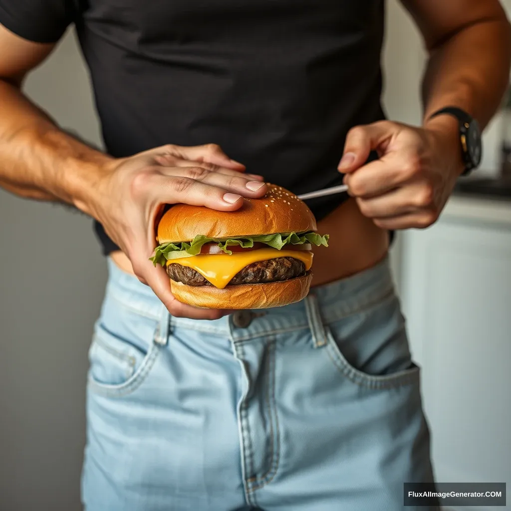 man pressing cheeseburger up to waist 👖