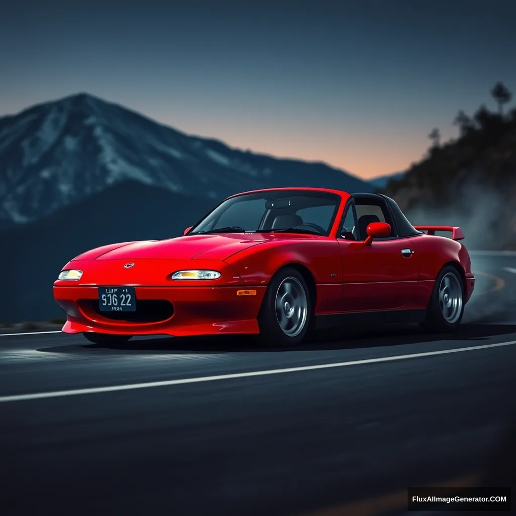 Create an image of a red 1991 Mazda Miata drifting on a Japanese mountain at night. - Image