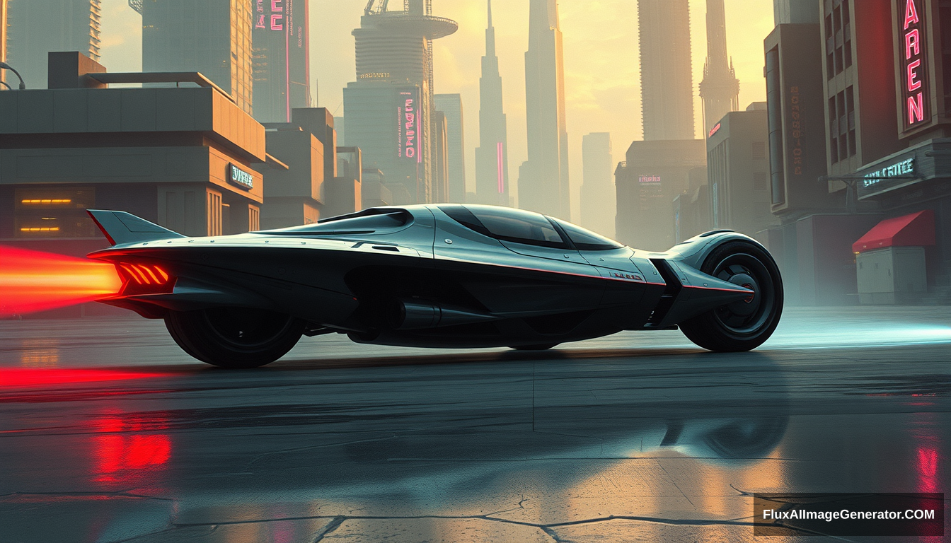 A fighter inspired concept car, as painted by Syd Mead, futuristic city setting.