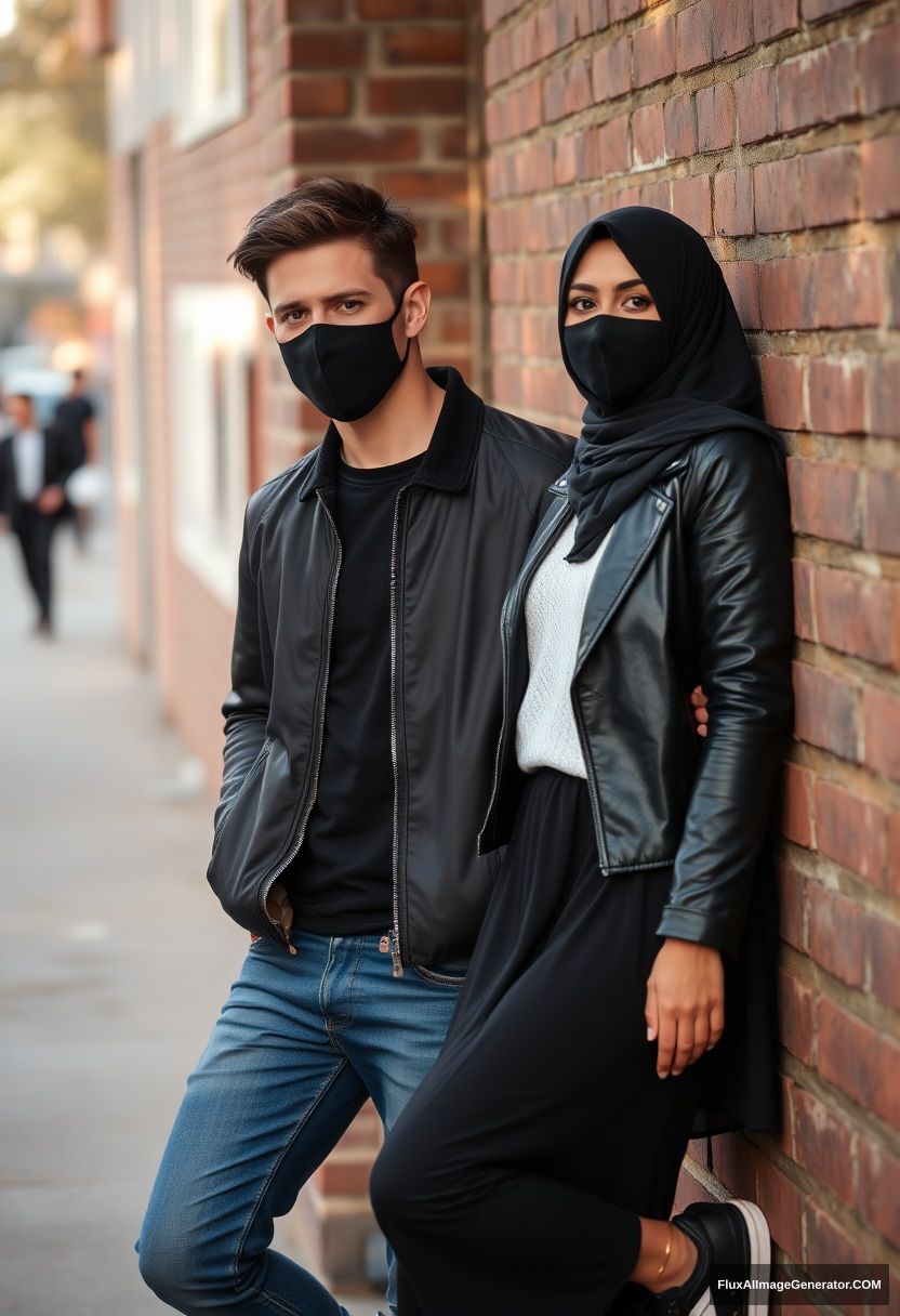 Jamie Dornan, handsome, young, black face mask, collage jacket, jeans, dating a beautiful Muslim girl in a big black hijab, with beautiful eyes, black face mask, black leather jacket, sneakers, the biggest skirt standing or lying against a brick wall, town, morning scenery, photorealistic, street photography.