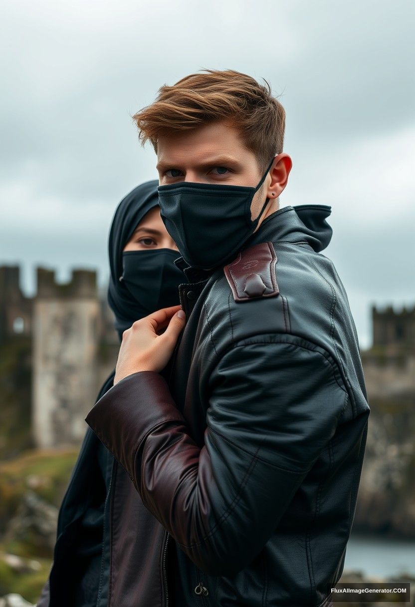 Jamie Dornan's head and body shot, handsome, youngest, black face mask, black leather jacket, jeans, dating, love with the biggest black hijab Muslim girl, not tall, beautiful eyes, face mask, maroon leather jacket, biggest black skirt, holding his shoulder, hyper-realistic, studio photography, full body photo, exploring at an abandoned castle, at sea, gloomy scenery.