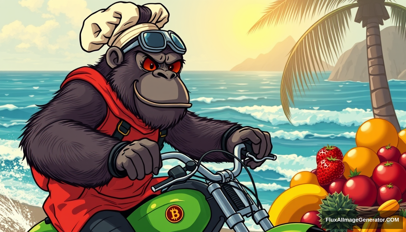 cartoon gorilla dressed like a biker chef, riding by the ocean with fruit all around him. vibing - Image