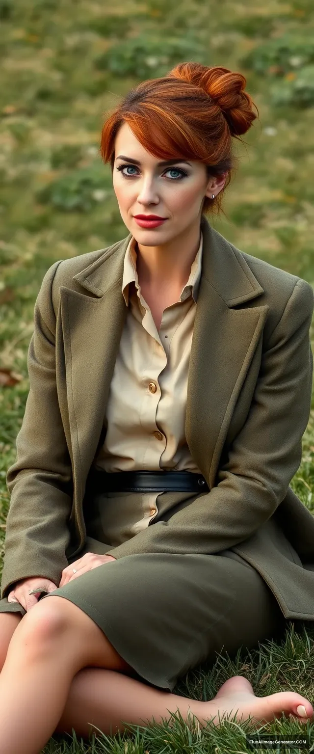 An elegant and beautiful 45-year-old woman with auburn hair in a tight bun with a frontal fringe. She has an average build. She has blue eyes. She is wearing a beige shirt and an olive green coat and skirt. Her skirt has a black belt. She is wearing beige-colored pantyhose. She is not wearing shoes. She is sitting on the grass. The background is very detailed. Full body perspective. - Image