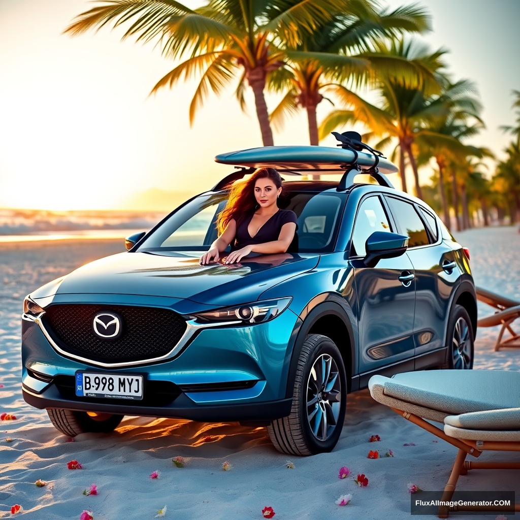 A Mazda CX-5, painted in deep crystal blue color, the number plate is "B 978 MY", surfboard on top, girl, 28 years old, athletic, long flowing hair, wavy hair, dark brown hair, (green eye color) sunbathing on a chaise longue nearby, in the white sand beach with palms, many flowers on sand, at sunset, luxury lifestyle, photorealistic, dynamic angle. - Image